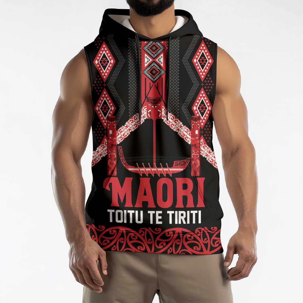 Toitu Te Tiriti Waitangi Sleeveless Hoodie Black Wharenui House LT9 - Polynesian Pride