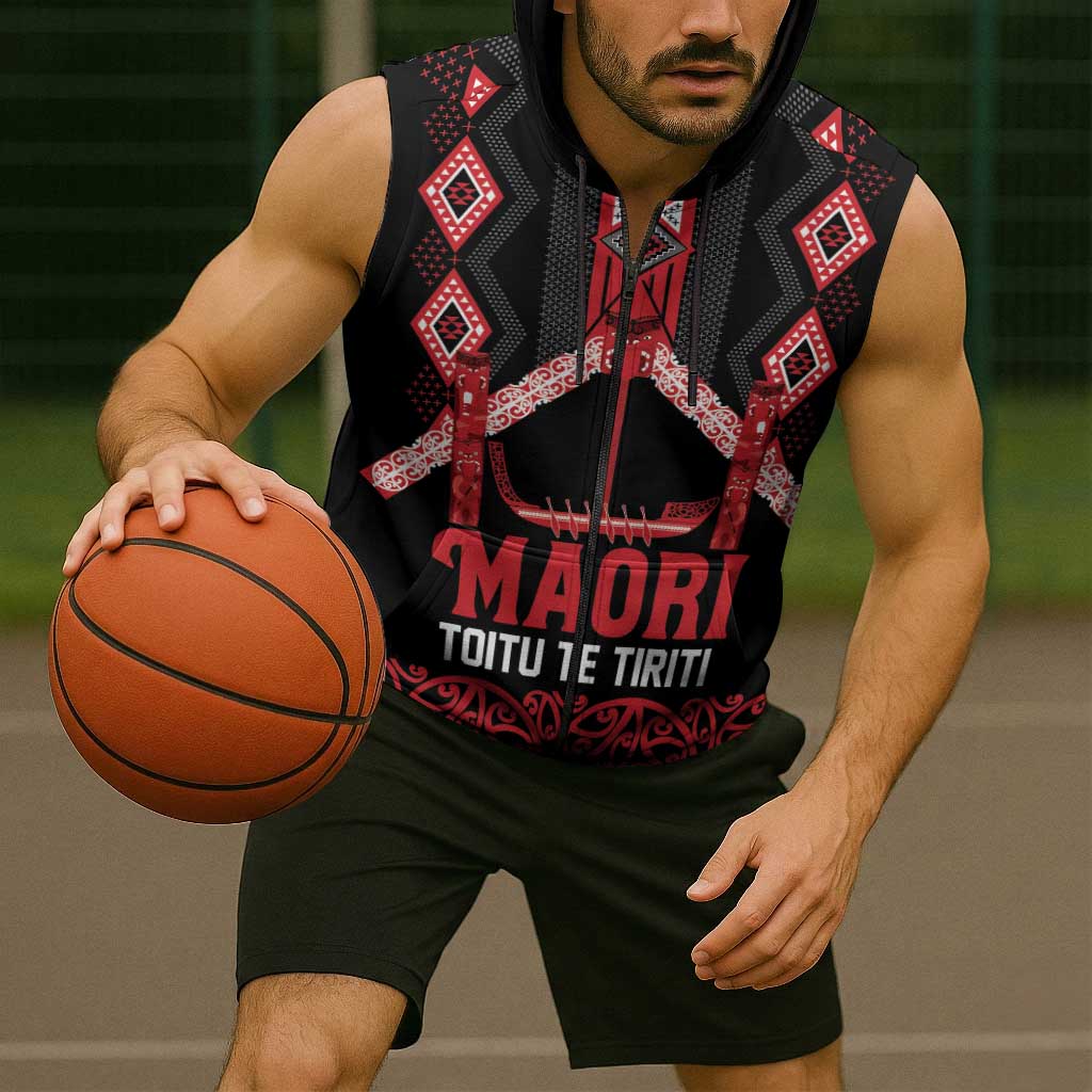 Toitu Te Tiriti Waitangi Sleeveless Zip Hoodie Black Wharenui House LT9 - Polynesian Pride