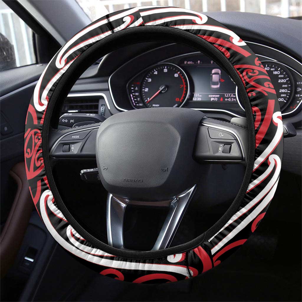 Toitu Te Tiriti Waitangi Steering Wheel Cover Black Wharenui House LT9 - Polynesian Pride