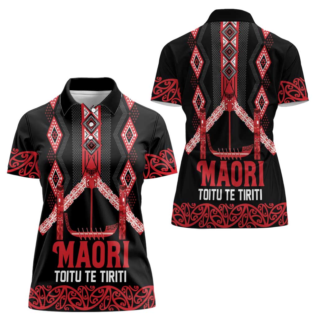 Toitu Te Tiriti Waitangi Women Polo Shirt Black Wharenui House LT9 - Polynesian Pride