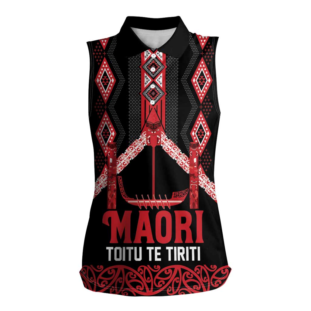 Toitu Te Tiriti Waitangi Women Sleeveless Polo Shirt Black Wharenui House LT9 Female Black - Polynesian Pride