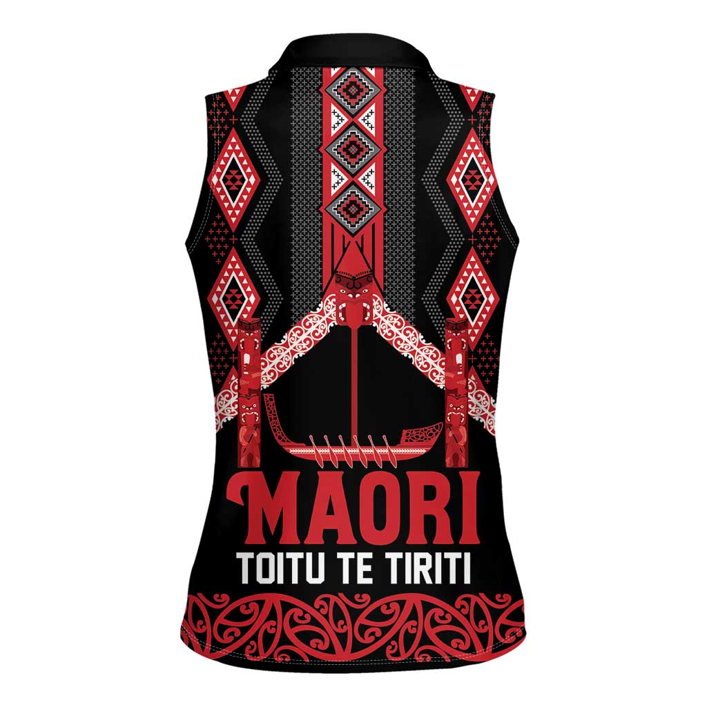 Toitu Te Tiriti Waitangi Women Sleeveless Polo Shirt Black Wharenui House LT9 - Polynesian Pride