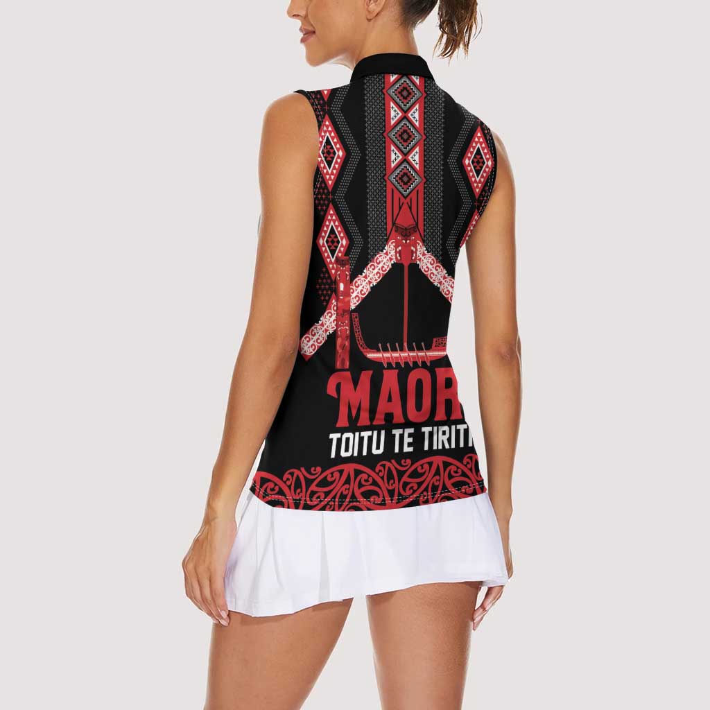 Toitu Te Tiriti Waitangi Women Sleeveless Polo Shirt Black Wharenui House LT9 - Polynesian Pride