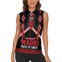 Toitu Te Tiriti Waitangi Women Sleeveless Polo Shirt Black Wharenui House LT9 - Polynesian Pride