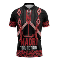 Toitu Te Tiriti Waitangi Zipper Polo Shirt Black Wharenui House LT9 Black - Polynesian Pride