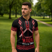 Toitu Te Tiriti Waitangi Zipper Polo Shirt Black Wharenui House LT9 - Polynesian Pride