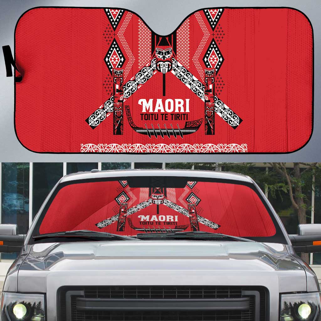 Toitu Te Tiriti Waitangi Auto Sun Shade Red Wharenui House - Polynesian Pride