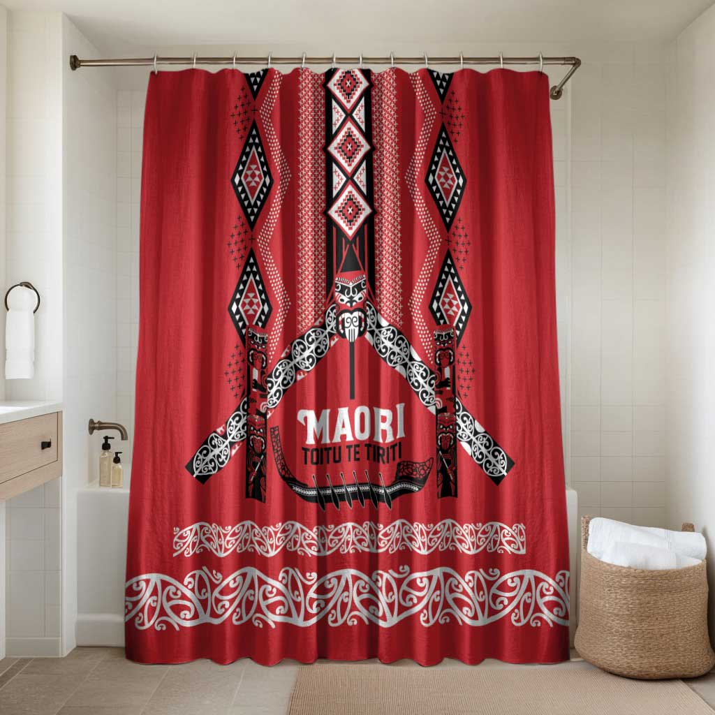 Toitu Te Tiriti Waitangi Bathroom Set Red Wharenui House LT9 Shower Curtain Only Red - Polynesian Pride