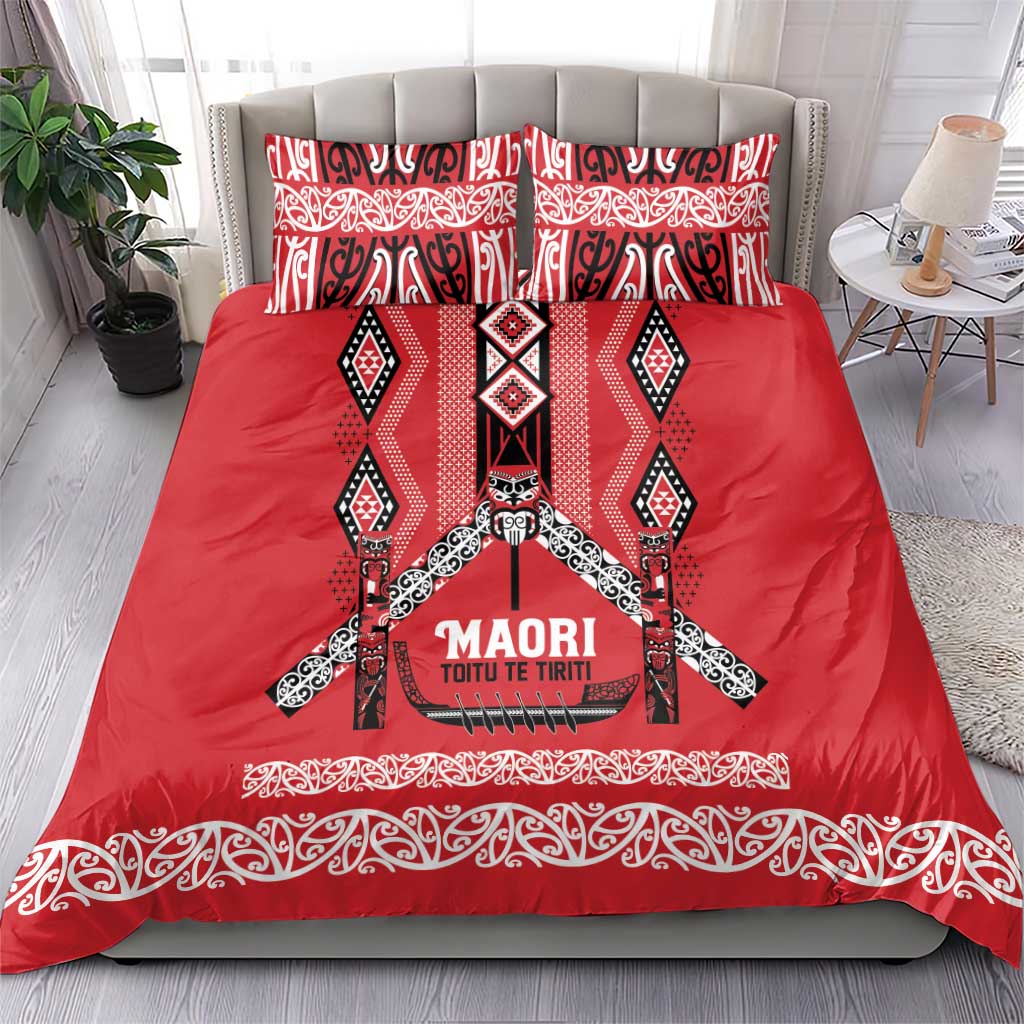 Toitu Te Tiriti Waitangi Bedding Set Red Wharenui House - Polynesian Pride