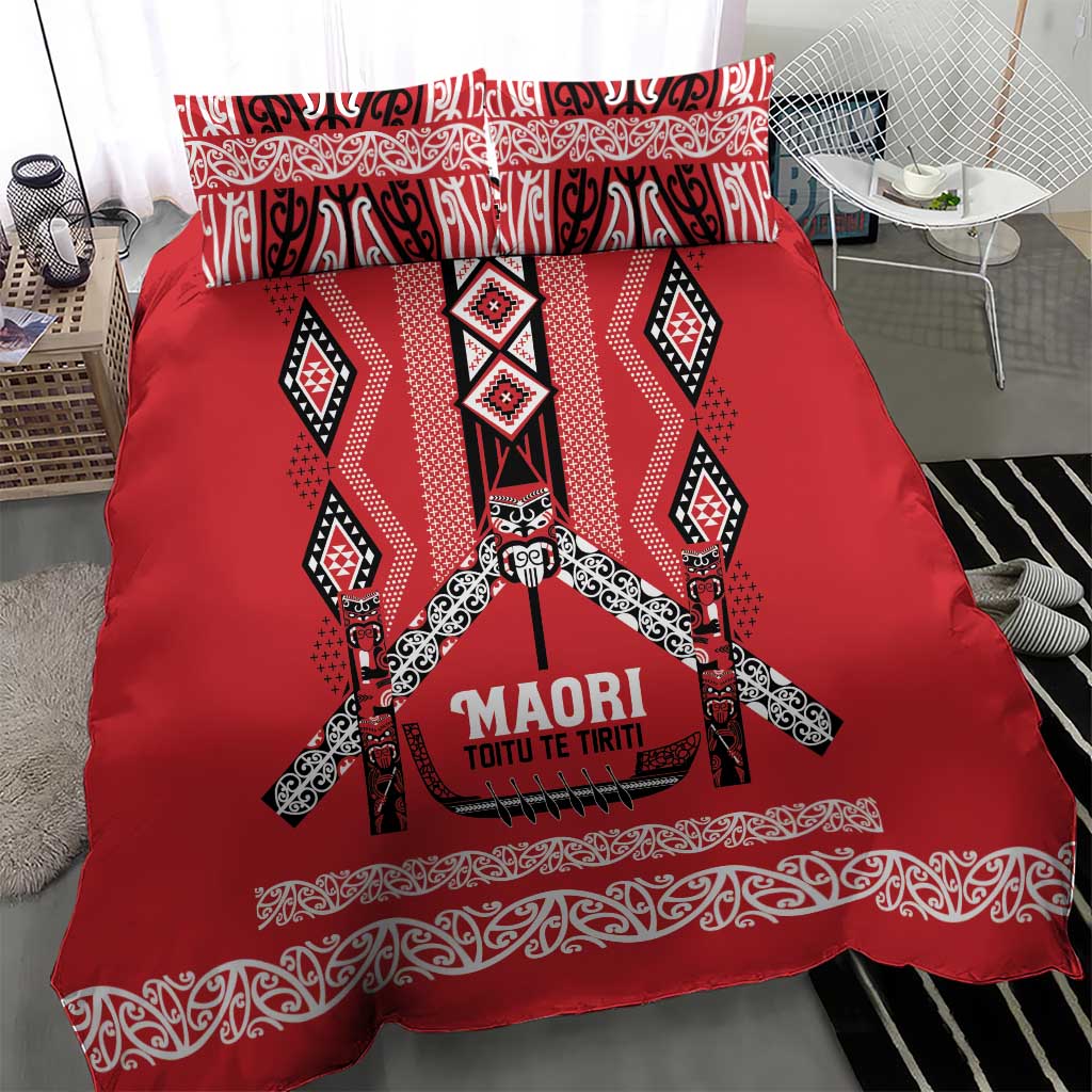 Toitu Te Tiriti Waitangi Bedding Set Red Wharenui House - Polynesian Pride