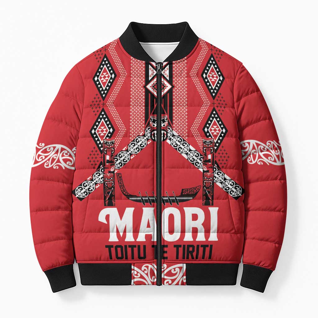 Toitu Te Tiriti Waitangi Bomber Puffer Jacket Red Wharenui House - Polynesian Pride