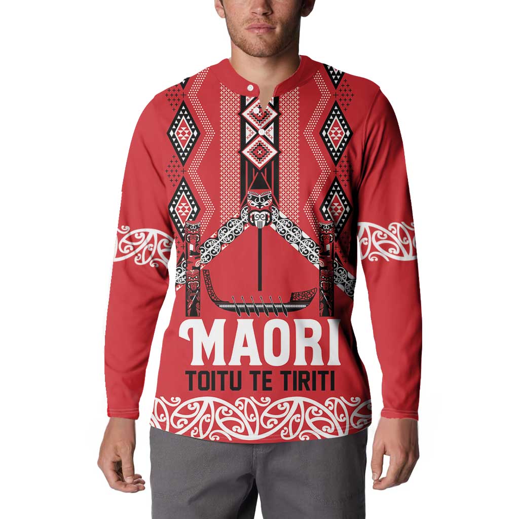 Toitu Te Tiriti Waitangi Button Sweatshirt Red Wharenui House - Polynesian Pride