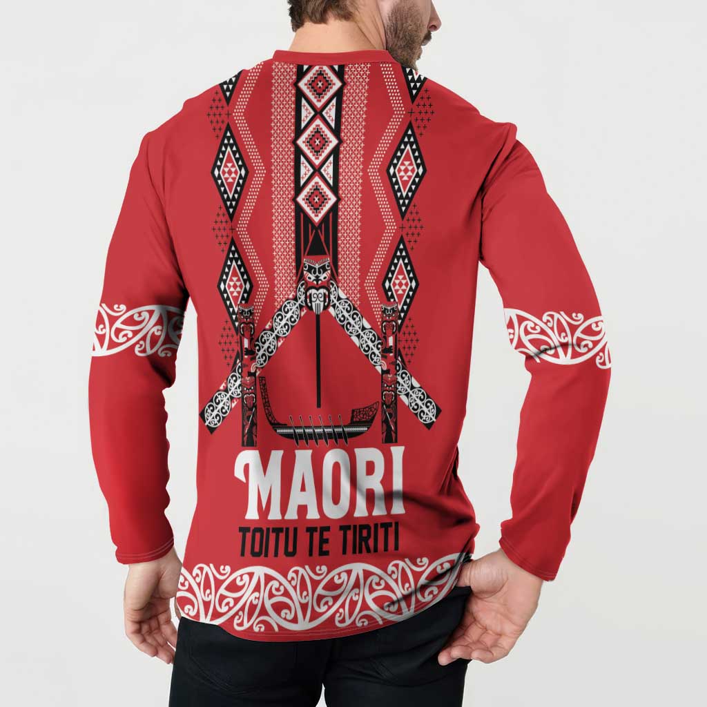 Toitu Te Tiriti Waitangi Button Sweatshirt Red Wharenui House - Polynesian Pride