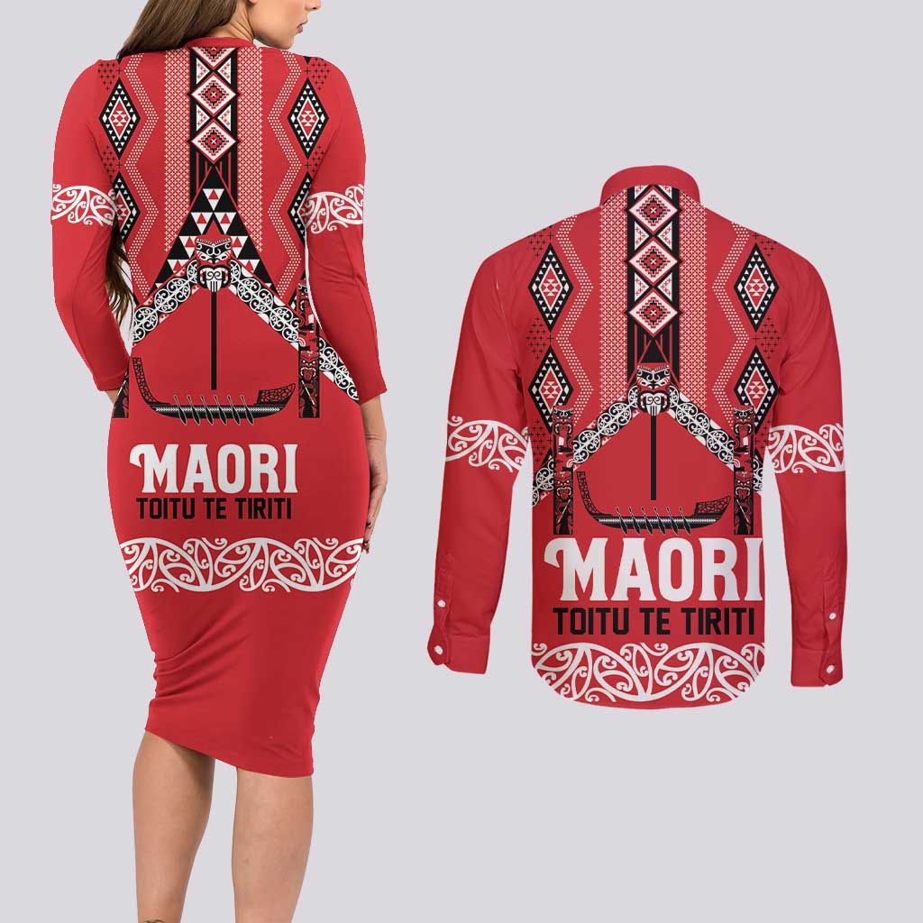 Toitu Te Tiriti Waitangi Couples Matching Long Sleeve Bodycon Dress and Long Sleeve Button Shirt Red Wharenui House LT9 - Polynesian Pride