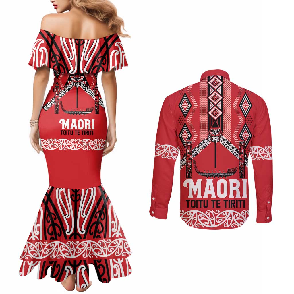 Toitu Te Tiriti Waitangi Couples Matching Mermaid Dress and Long Sleeve Button Shirt Red Wharenui House LT9 - Polynesian Pride