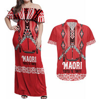Toitu Te Tiriti Waitangi Couples Matching Off Shoulder Maxi Dress and Hawaiian Shirt Red Wharenui House LT9 Red - Polynesian Pride