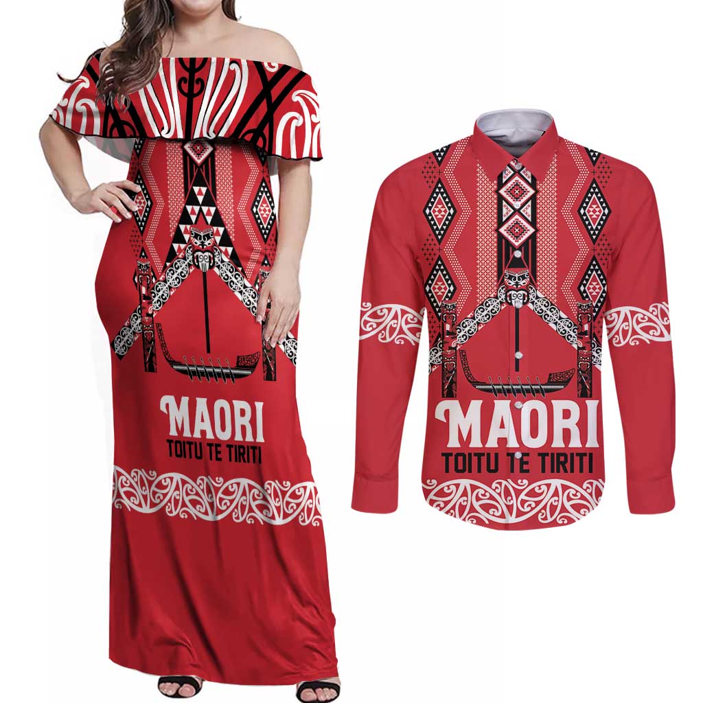 Toitu Te Tiriti Waitangi Couples Matching Off Shoulder Maxi Dress and Long Sleeve Button Shirt Red Wharenui House LT9 Red - Polynesian Pride