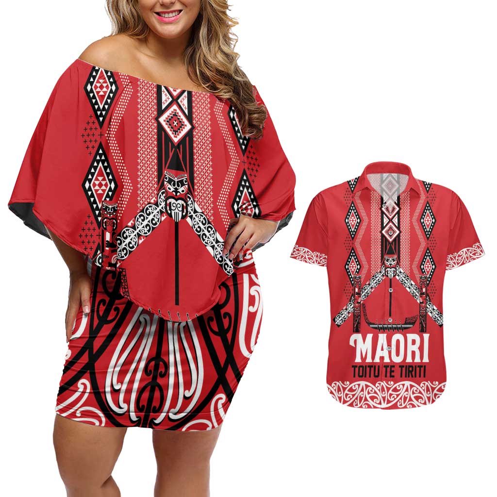 Toitu Te Tiriti Waitangi Couples Matching Off Shoulder Short Dress and Hawaiian Shirt Red Wharenui House - Polynesian Pride
