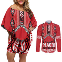 Toitu Te Tiriti Waitangi Couples Matching Off Shoulder Short Dress and Long Sleeve Button Shirt Red Wharenui House - Polynesian Pride