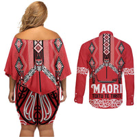 Toitu Te Tiriti Waitangi Couples Matching Off Shoulder Short Dress and Long Sleeve Button Shirt Red Wharenui House - Polynesian Pride