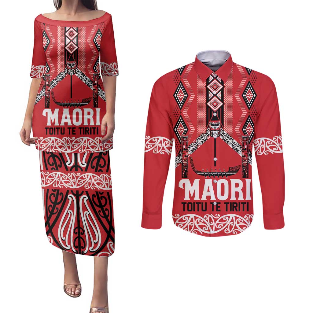 Toitu Te Tiriti Waitangi Couples Matching Puletasi and Long Sleeve Button Shirt Red Wharenui House LT9 Red - Polynesian Pride