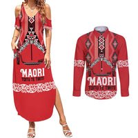 Toitu Te Tiriti Waitangi Couples Matching Summer Maxi Dress and Long Sleeve Button Shirt Red Wharenui House LT9 Red - Polynesian Pride