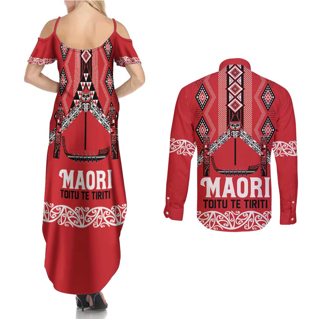 Toitu Te Tiriti Waitangi Couples Matching Summer Maxi Dress and Long Sleeve Button Shirt Red Wharenui House LT9 - Polynesian Pride