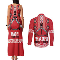 Toitu Te Tiriti Waitangi Couples Matching Tank Maxi Dress and Long Sleeve Button Shirt Red Wharenui House LT9 - Polynesian Pride