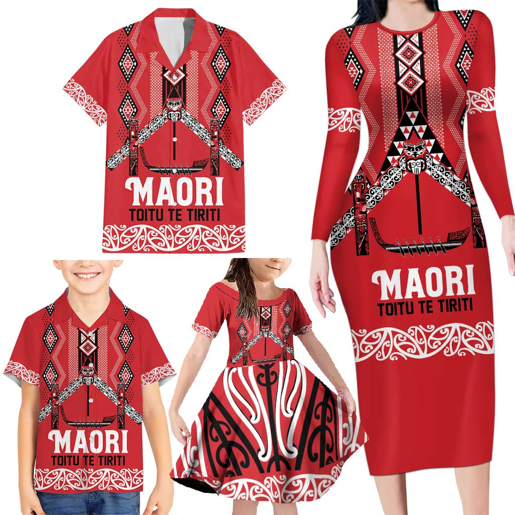 Toitu Te Tiriti Waitangi Family Matching Long Sleeve Bodycon Dress and Hawaiian Shirt Red Wharenui House LT9 - Polynesian Pride