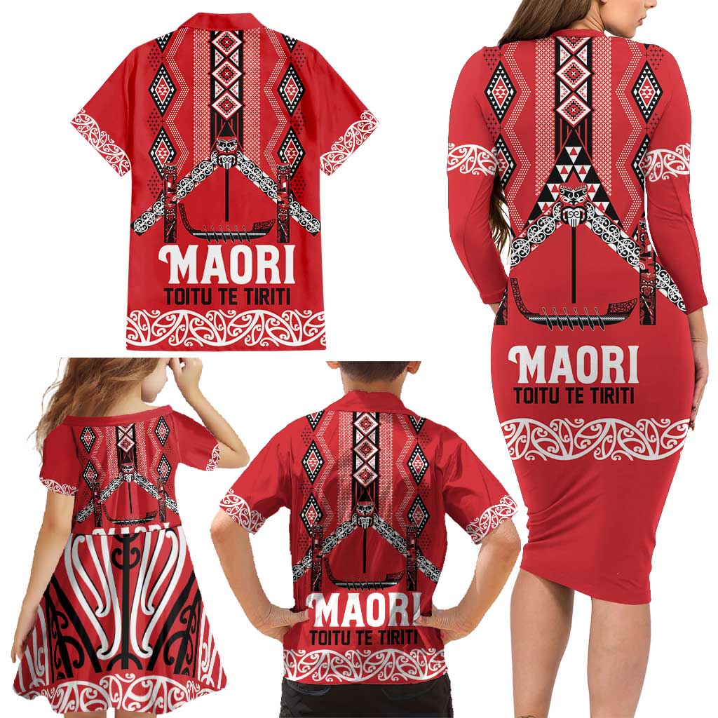 Toitu Te Tiriti Waitangi Family Matching Long Sleeve Bodycon Dress and Hawaiian Shirt Red Wharenui House LT9 - Polynesian Pride