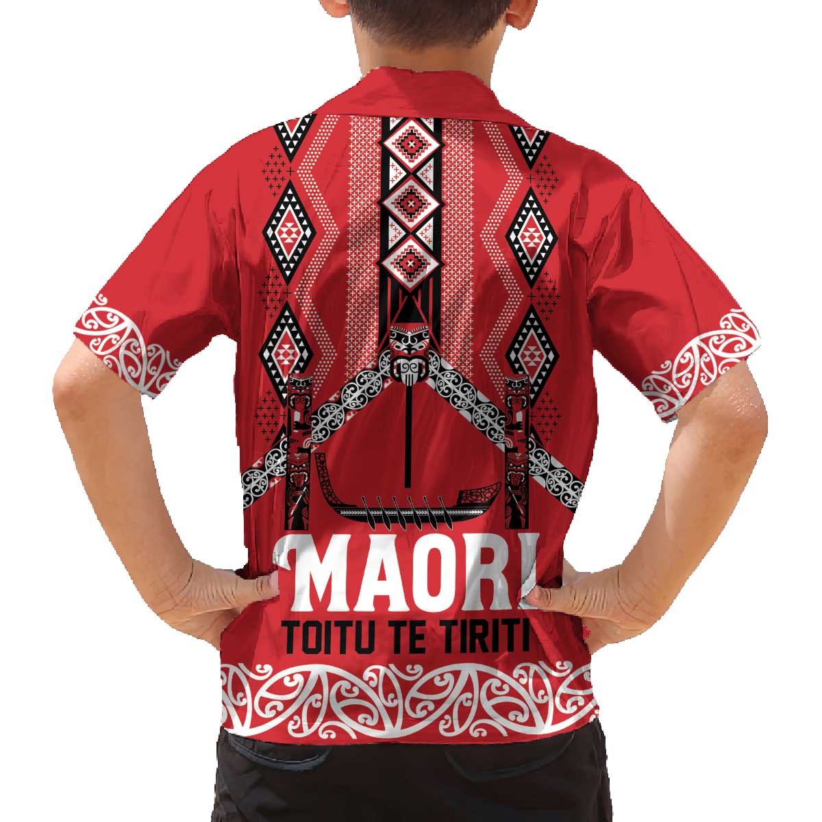 Toitu Te Tiriti Waitangi Family Matching Off The Shoulder Long Sleeve Dress and Hawaiian Shirt Red Wharenui House LT9 - Polynesian Pride