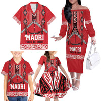 Toitu Te Tiriti Waitangi Family Matching Off The Shoulder Long Sleeve Dress and Hawaiian Shirt Red Wharenui House LT9 - Polynesian Pride