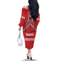 Toitu Te Tiriti Waitangi Family Matching Off The Shoulder Long Sleeve Dress and Hawaiian Shirt Red Wharenui House LT9 - Polynesian Pride