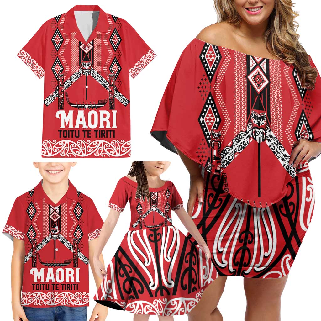 Toitu Te Tiriti Waitangi Family Matching Off Shoulder Short Dress and Hawaiian Shirt Red Wharenui House LT9 - Polynesian Pride