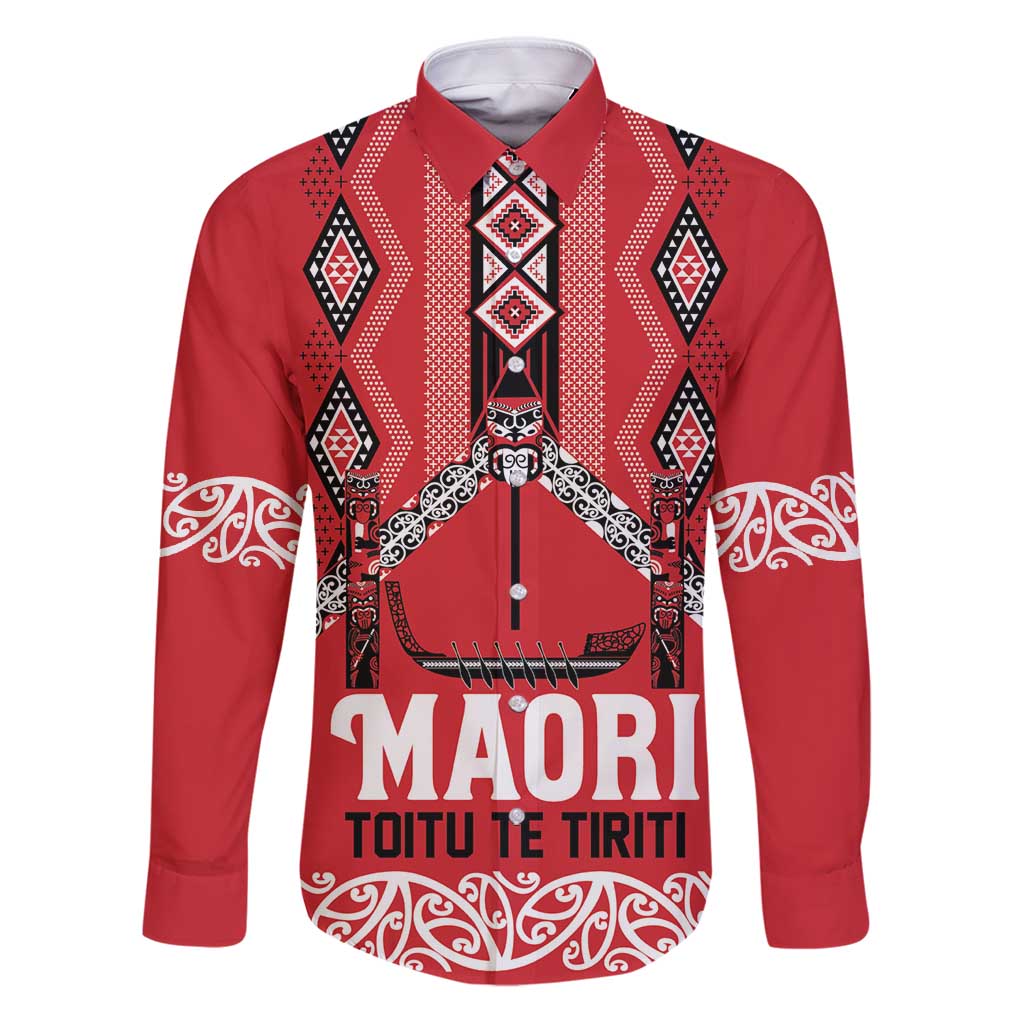 Toitu Te Tiriti Waitangi Family Matching Puletasi and Hawaiian Shirt Red Wharenui House LT9 Dad's Shirt - Long Sleeve Red - Polynesian Pride