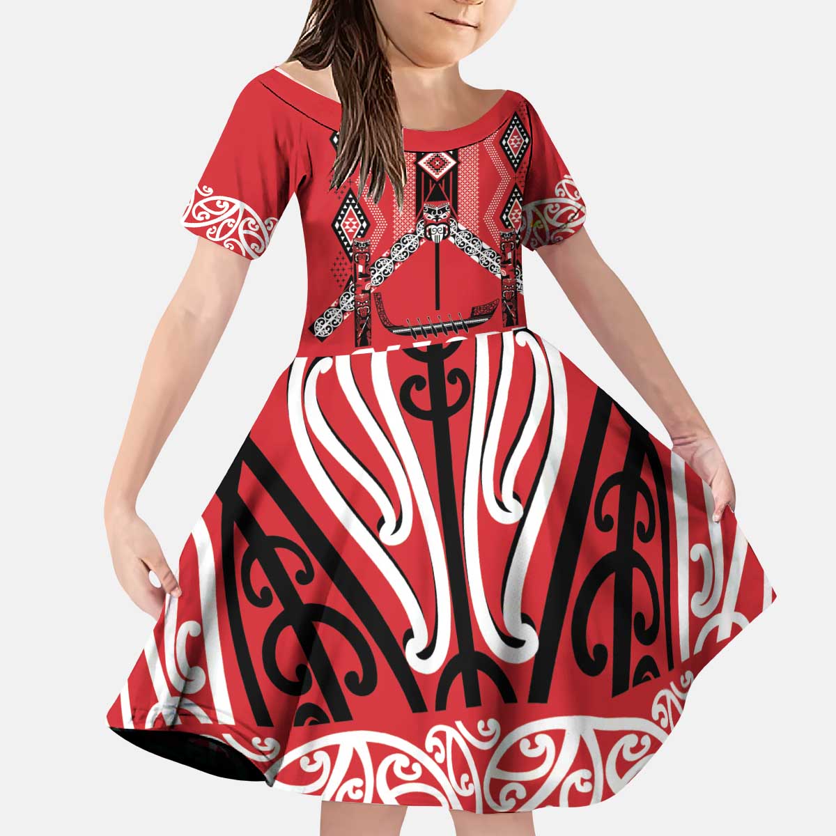 Toitu Te Tiriti Waitangi Kid Short Sleeve Dress Red Wharenui House LT9 KID Red - Polynesian Pride