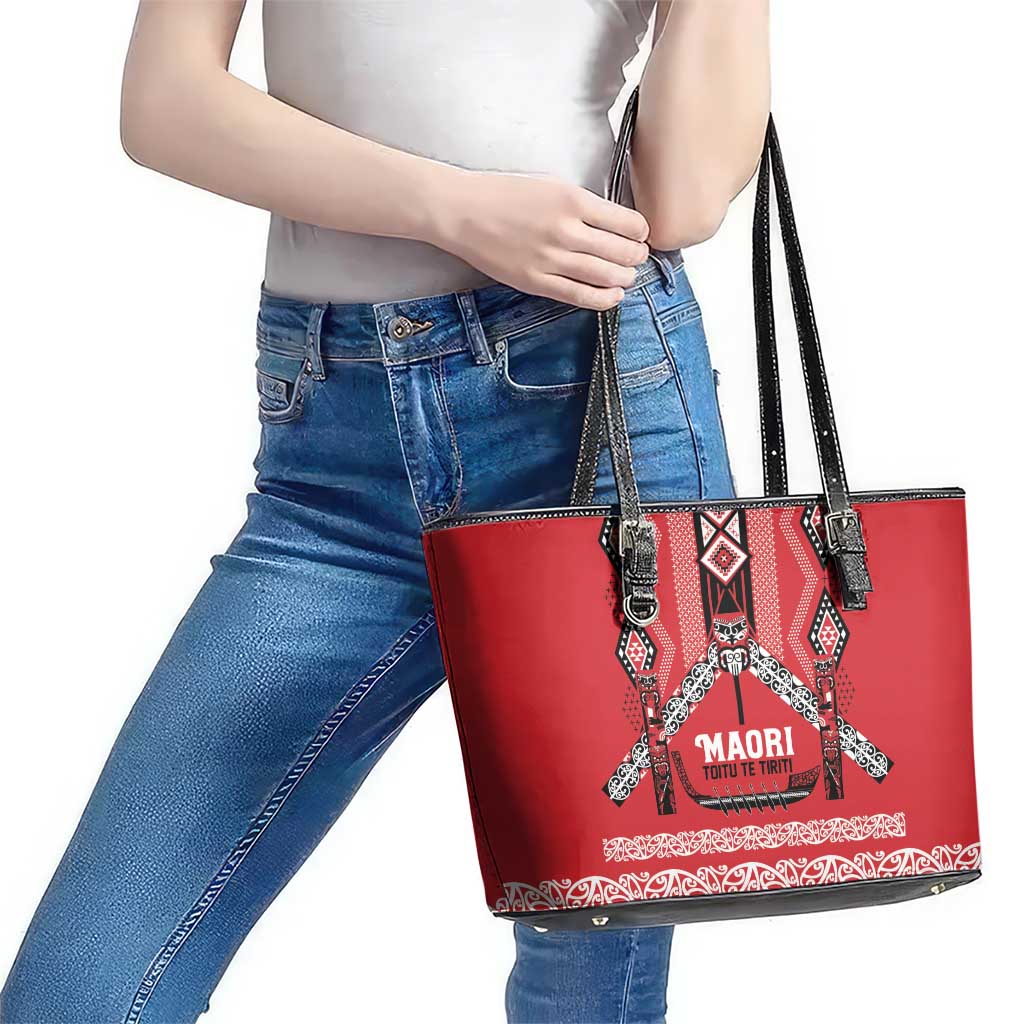 Toitu Te Tiriti Waitangi Leather Tote Bag Red Wharenui House - Polynesian Pride