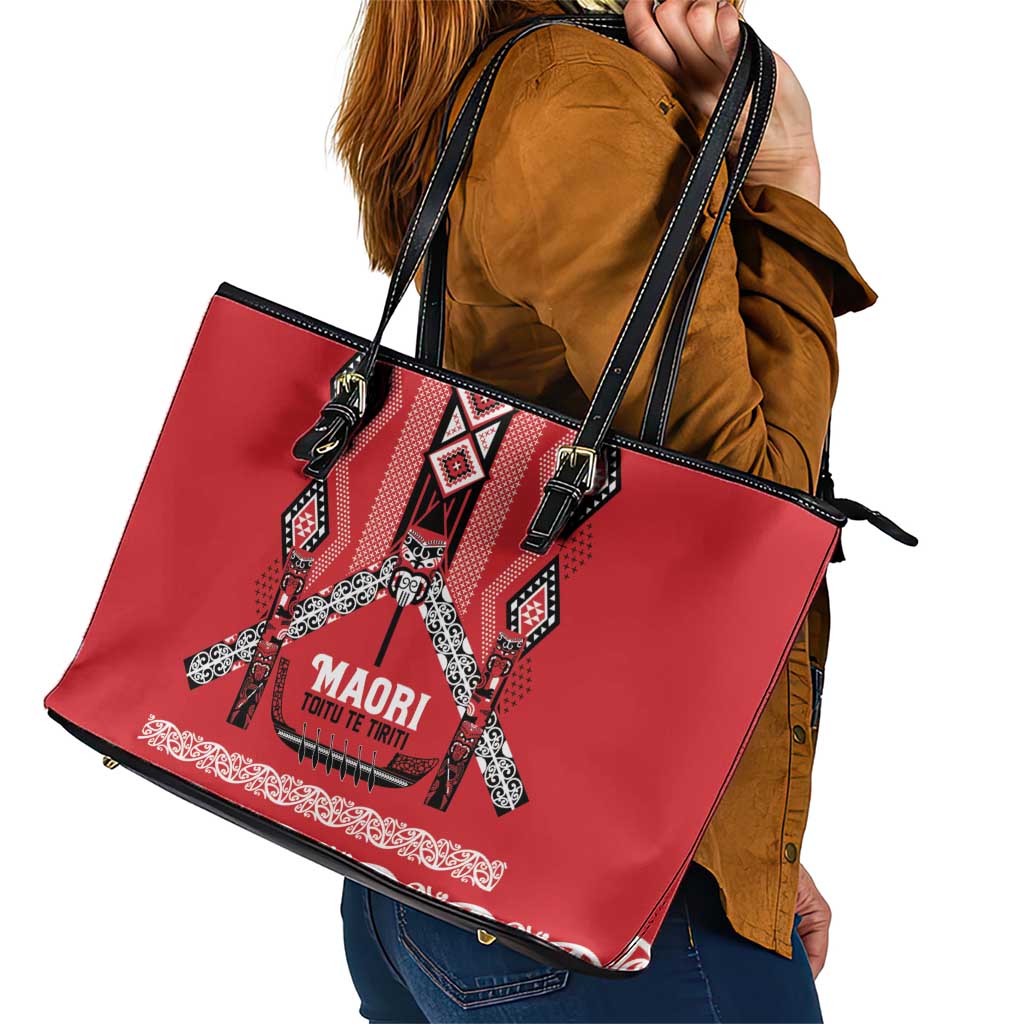 Toitu Te Tiriti Waitangi Leather Tote Bag Red Wharenui House - Polynesian Pride