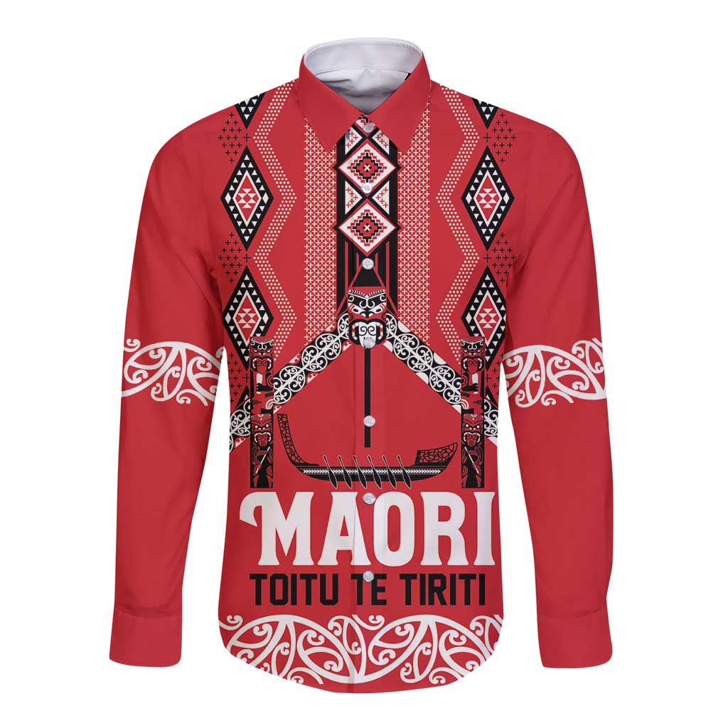 Toitu Te Tiriti Waitangi Long Sleeve Button Shirt Red Wharenui House LT9 Unisex Red - Polynesian Pride
