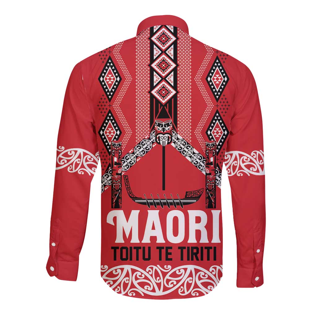 Toitu Te Tiriti Waitangi Long Sleeve Button Shirt Red Wharenui House LT9 - Polynesian Pride