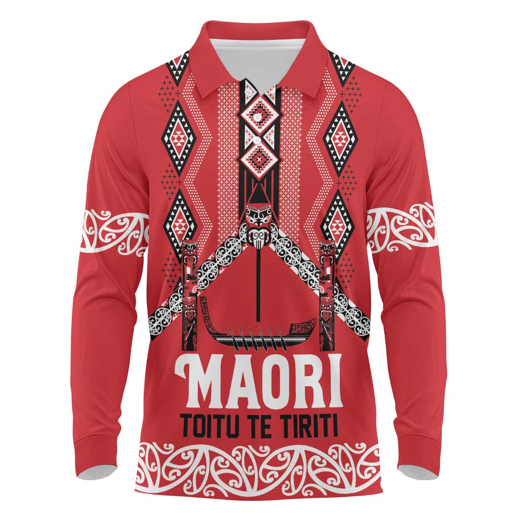 Toitu Te Tiriti Waitangi Long Sleeve Polo Shirt Red Wharenui House LT9 Red - Polynesian Pride