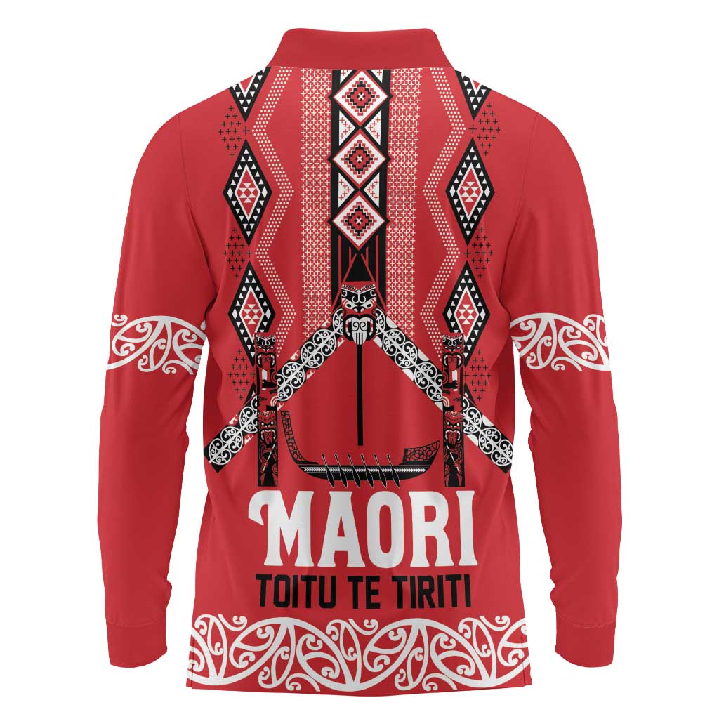 Toitu Te Tiriti Waitangi Long Sleeve Polo Shirt Red Wharenui House LT9 - Polynesian Pride