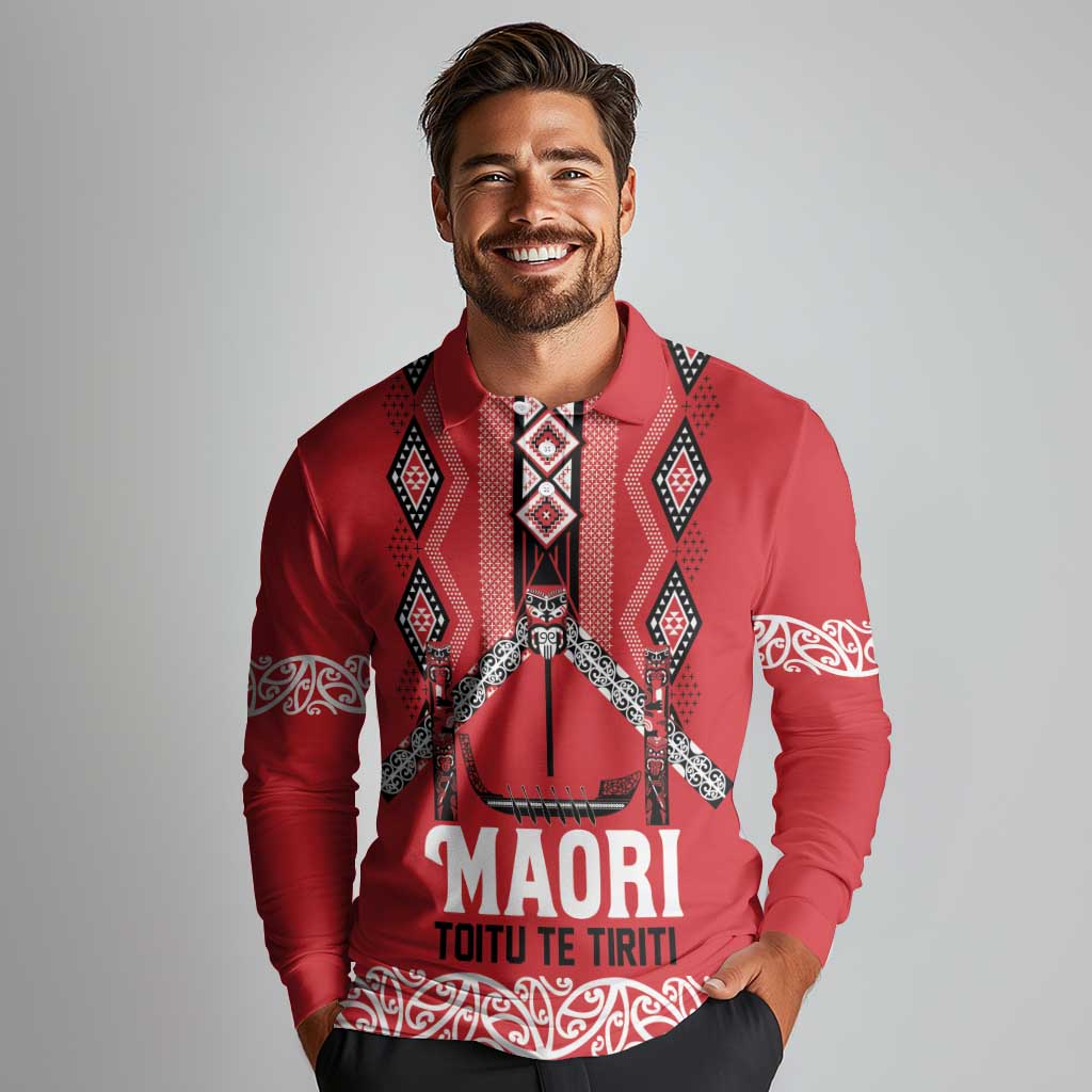 Toitu Te Tiriti Waitangi Long Sleeve Polo Shirt Red Wharenui House LT9 - Polynesian Pride