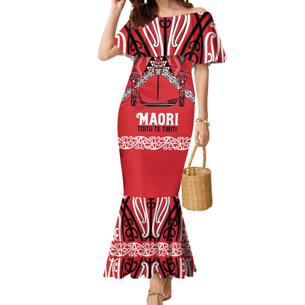 Toitu Te Tiriti Waitangi Mermaid Dress Red Wharenui House - Polynesian Pride