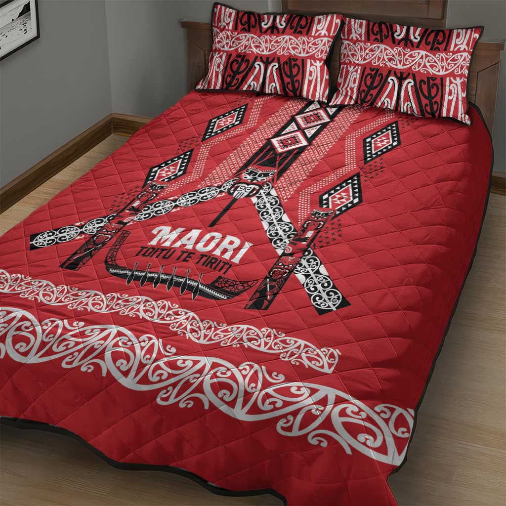 Toitu Te Tiriti Waitangi Quilt Bed Set Red Wharenui House - Polynesian Pride