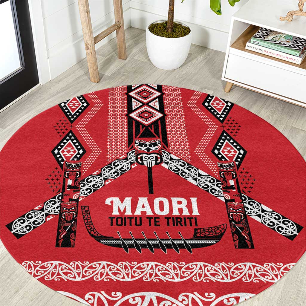 Toitu Te Tiriti Waitangi Round Carpet Red Wharenui House - Polynesian Pride