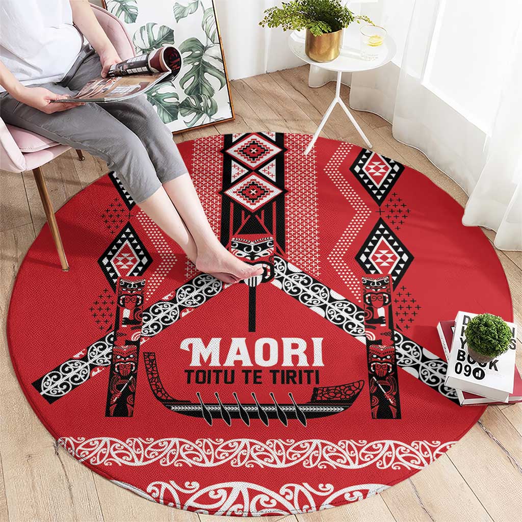 Toitu Te Tiriti Waitangi Round Carpet Red Wharenui House - Polynesian Pride