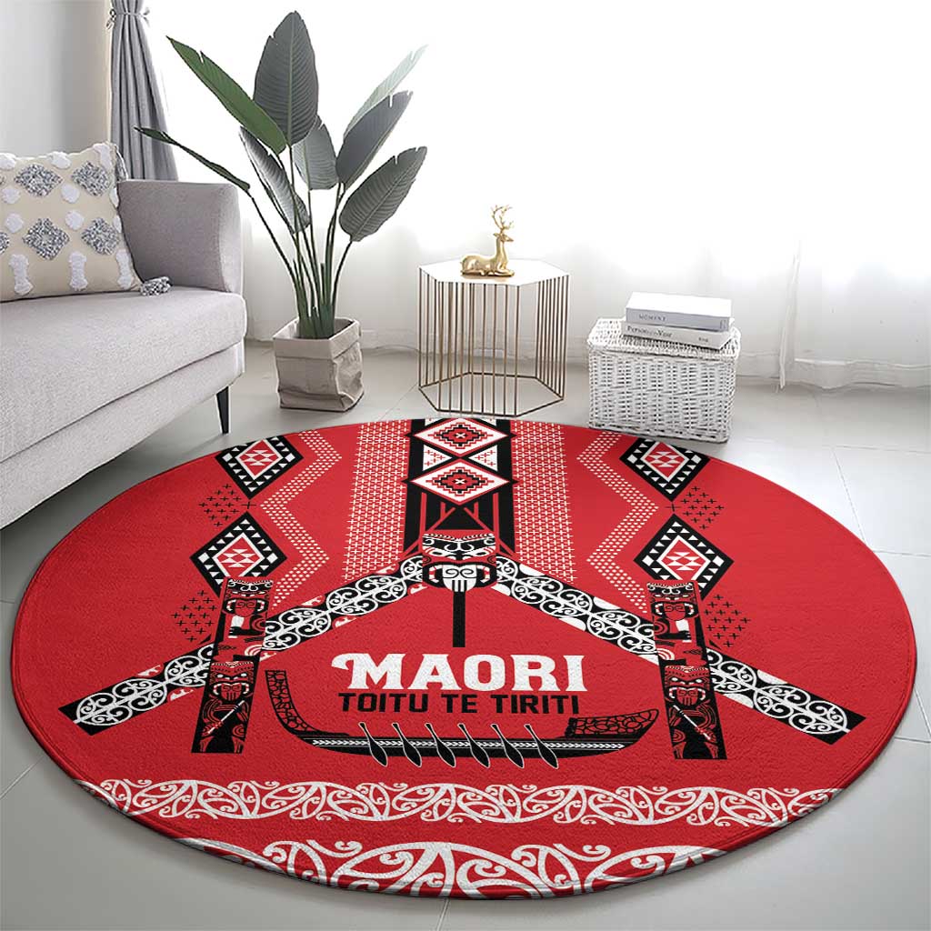 Toitu Te Tiriti Waitangi Round Carpet Red Wharenui House - Polynesian Pride