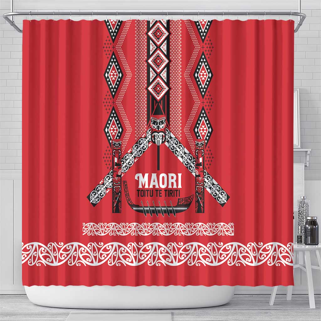 Toitu Te Tiriti Waitangi Shower Curtain Red Wharenui House - Polynesian Pride