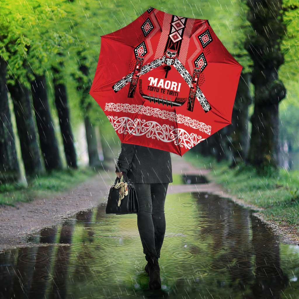 Toitu Te Tiriti Waitangi Umbrella Red Wharenui House LT9 - Polynesian Pride